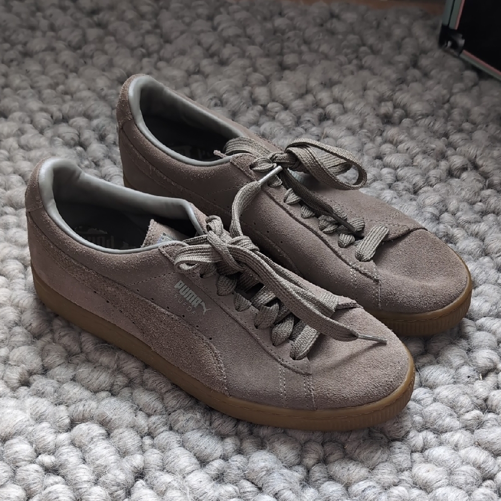 Puma Suede Low-Top Sneakers in Taupe with Gum Sole